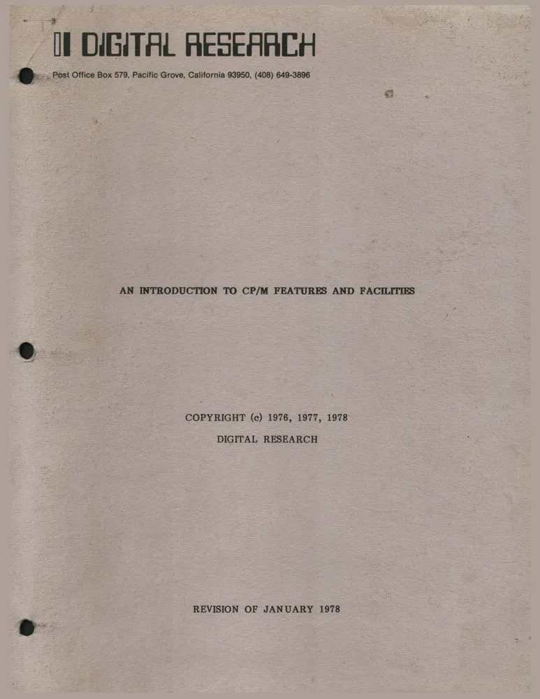 CP/M の解説書の表紙。左上に DIGITAL RESEARCH のロゴと住所、中央に AN INTRODUCTION TO CP/M FEATURES AND FACILITIES