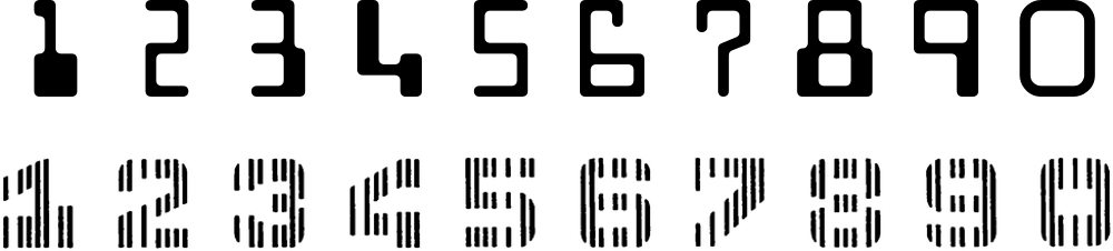 E-13B と CMC-7 の数字 1〜9・0 を上下に並べた図。E-13B は太い線と細い線を組み合わせた形、CMC-7 は7本の縦線を数字の形に切り抜いた形