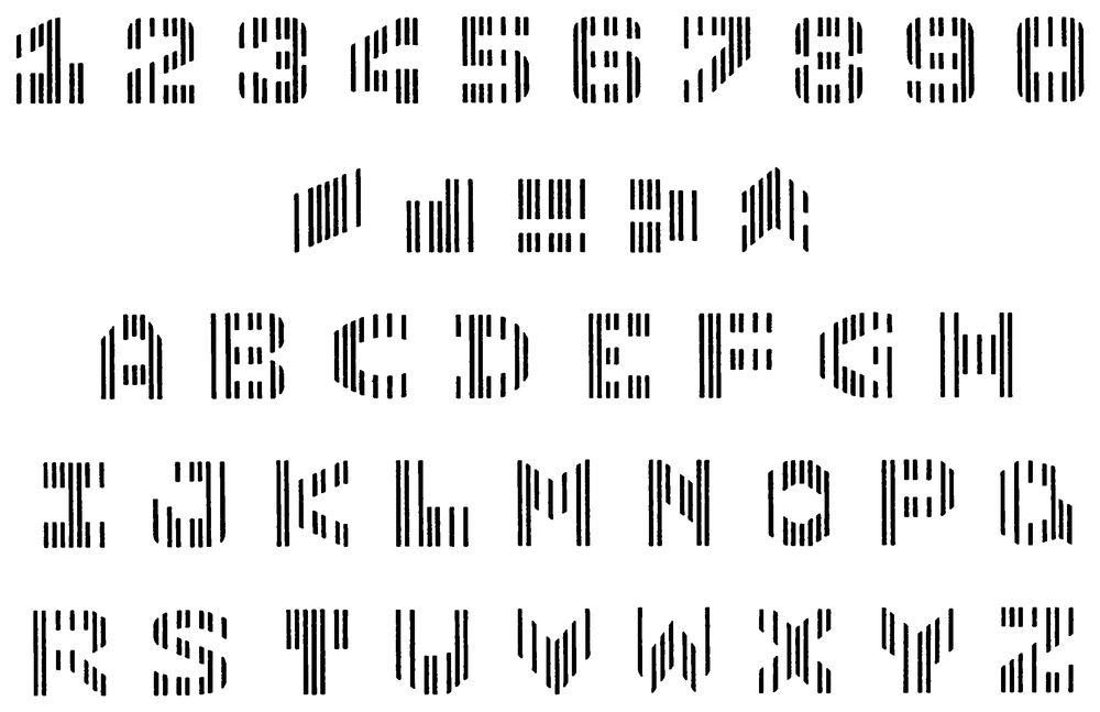 CMC-7 の全字。1行目に 1〜9・0 の数字、2行目に5つの記号、3〜5行目に A〜Z。どの字も、7本の縦線を字の形に切り抜いた形