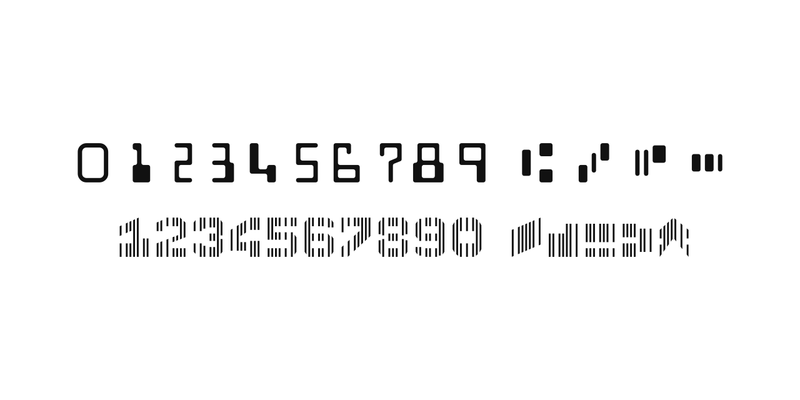MICR の2つの書体。上に E-13B の数字と4つの記号、下に CMC-7 の数字と5つの記号