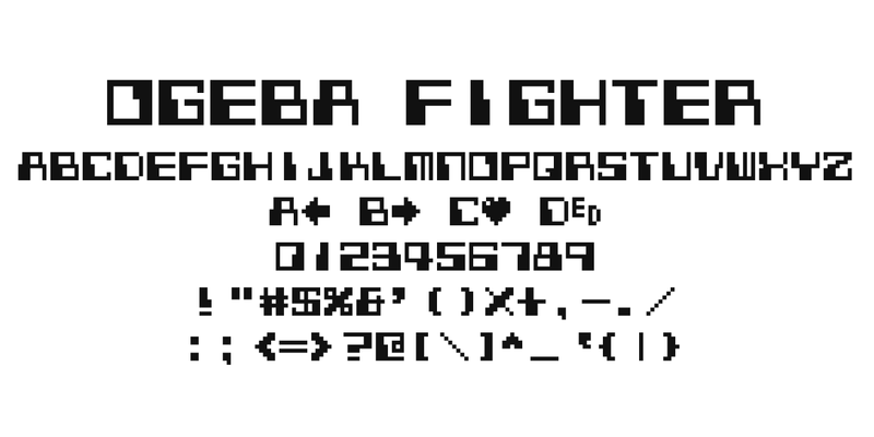 OGEBA FIGHTER の書体見本。書体名「OGEBA FIGHTER」、大文字、数字と a〜d に入っている記号（矢印・ハート・ED）、記号