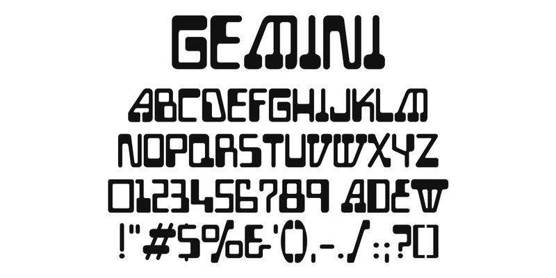 Gemini の書体見本。書体名「Gemini」、A〜Z、0〜9、A・D・E・W の別の字形、記号