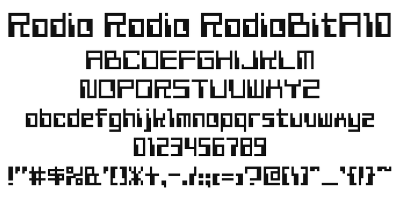Radio Radio RadioBitA10 の書体見本。書体名「Radio Radio RadioBitA10」、A〜Z、a〜z、0〜9、記号