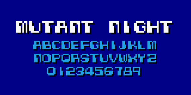 紺の地に、ミュータントナイトのゲームのフォントで、黒い影の付いた白の大きな「MUTANT NIGHT」と、青の A〜Z と 0〜9