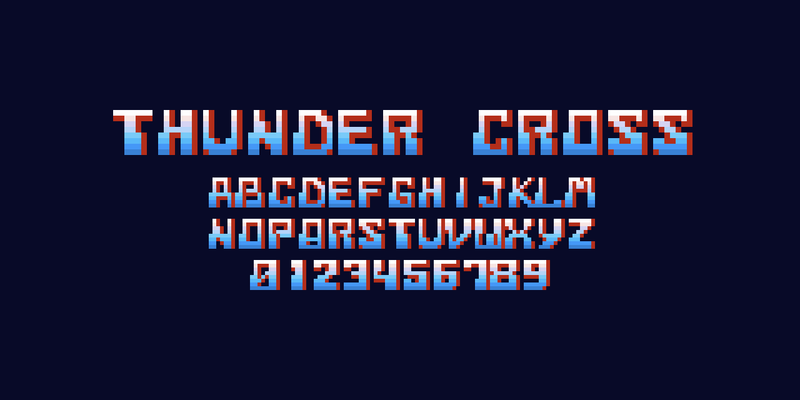 暗い紺の地に、サンダークロスのゲームのフォントで、大きく「THUNDER CROSS」、小さく A〜Z と 0〜9。字は白から青へのグラデーションで、赤い影がある