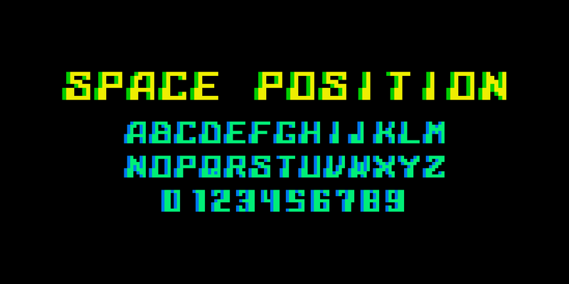 黒い地に、スペースポジションのゲームのフォントで、黄と緑で大きく「SPACE POSITION」、緑で A〜Z と 0〜9