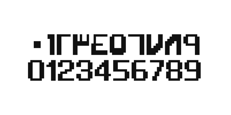 Maiden of Pain Numbers の書体見本。上の行に東アラビア数字の ٠〜٩、下の行に 0〜9 の数字。どちらもドットで組んだ形