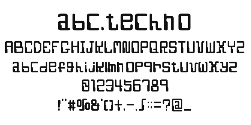 f,f,techno,abc の書体見本。「abc,techno」、A〜Z、a〜z、0〜9、記号