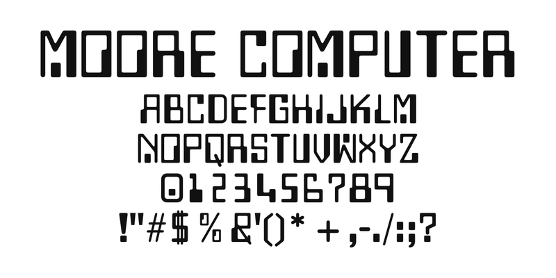 Moore Computer の書体見本。書体名「Moore Computer」、A〜Z、0〜9 と記号