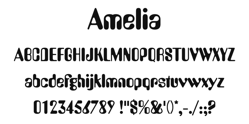 Amelia の書体見本。書体名「Amelia」、A〜Z、a〜z、0〜9、記号