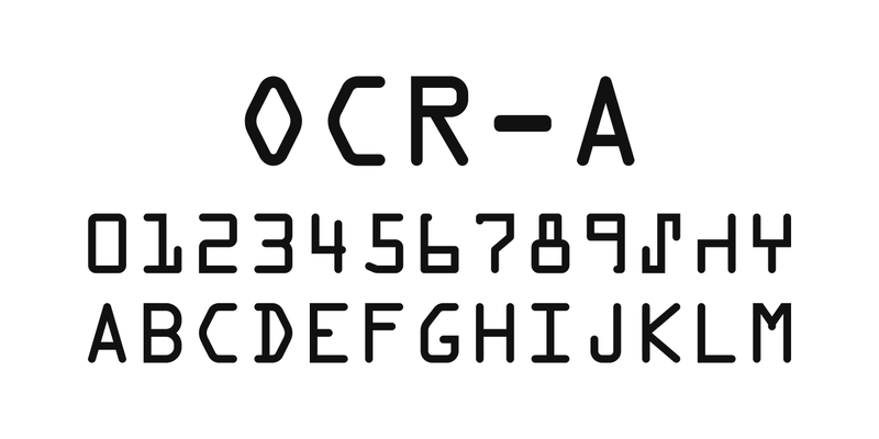 OCR-A の書体見本。書体名「OCR-A」と、0〜9 の数字と3つの抽象記号、A〜M の大文字
