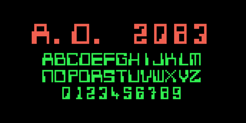 黒い地に、A.D. 2083 のゲームのフォントで、赤く大きく「A.D. 2083」、緑で A〜Z と 0〜9