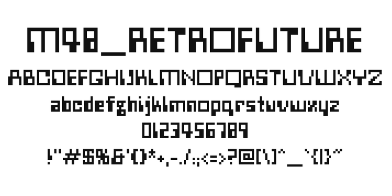 M48_RETROFUTURE の書体見本。書体名「M48_RETROFUTURE」、A〜Z、a〜z、0〜9、記号