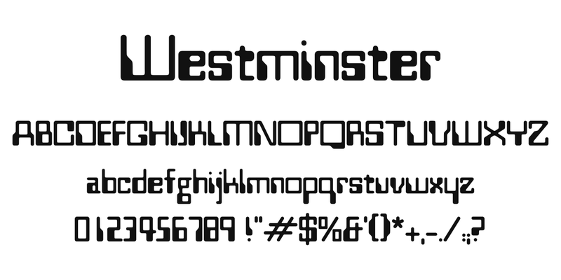 Westminster の書体見本。書体名「Westminster」、A〜Z、a〜z、0〜9、記号