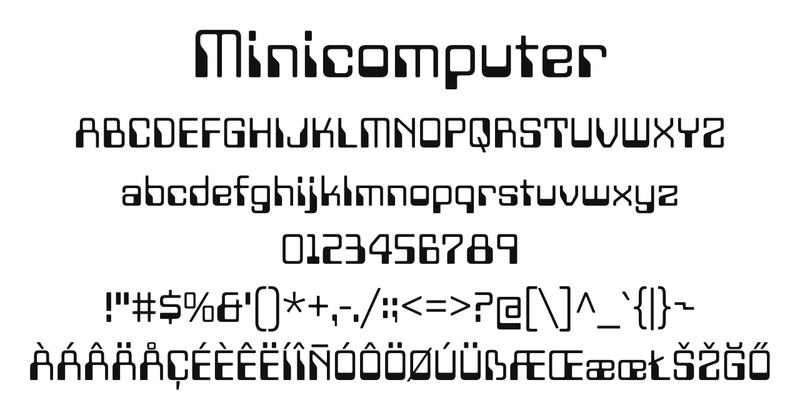 Minicomputer（Regular）の書体見本。書体名「Minicomputer」、大文字、小文字、数字と記号、アクセント付きの文字