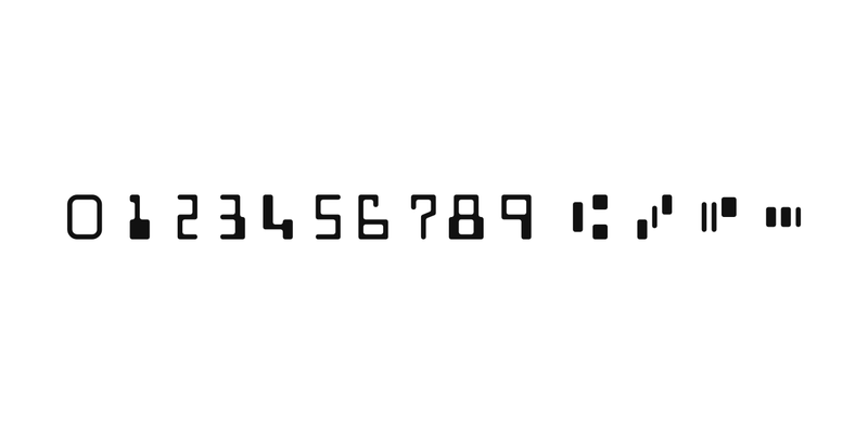 E-13B の書体見本。0〜9 の数字と4つの記号、MICR ラインの例