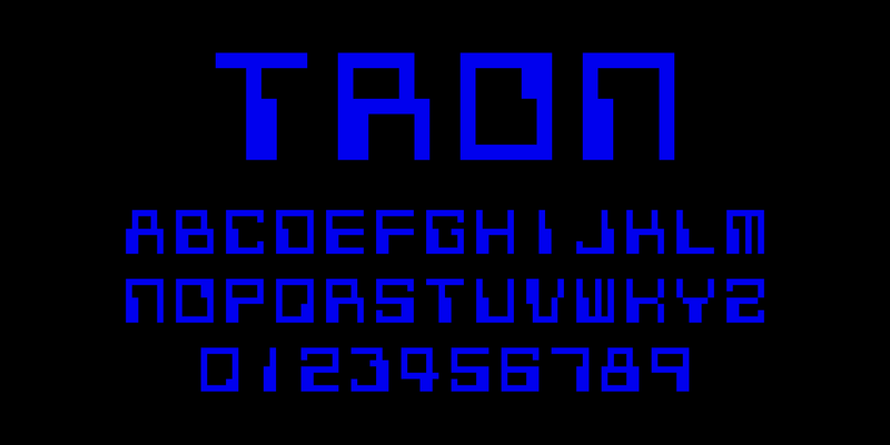 黒い地に、トロンのゲームのフォントで、青く大きく「TRON」、その下に A〜Z と 0〜9