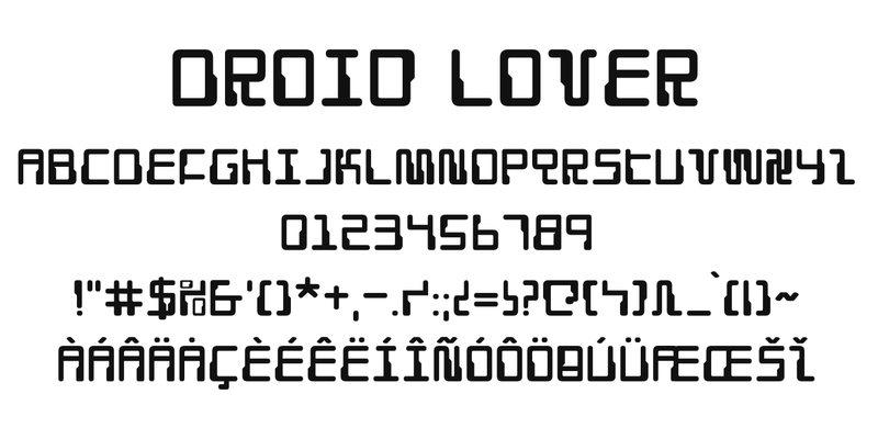 Droid Lover（Regular）の書体見本。書体名「Droid Lover」、A〜Z、0〜9、記号、アクセント付きの文字