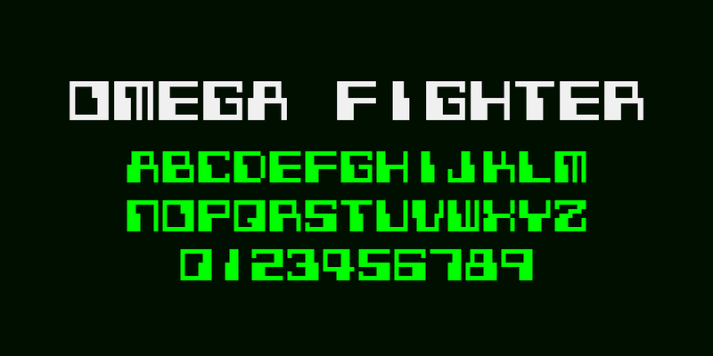 暗い緑の地に、オメガファイターのゲームのフォントで、白く大きく「OMEGA FIGHTER」、緑で A〜Z と 0〜9