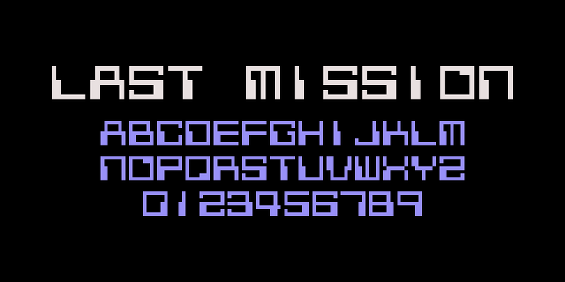 黒い地に、ラストミッションのゲームのフォントで、白く大きく「LAST MISSION」、薄紫で A〜Z と 0〜9
