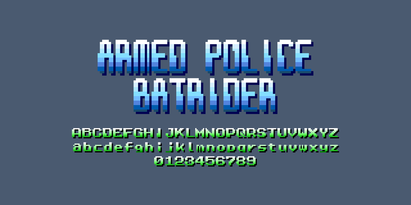 青みがかった灰色の地に、縦長の青の階調の字で大きく「ARMED POLICE」「BATRIDER」の2行、緑の階調の 8×8 の字で A〜Z、a〜z、0〜9 と書いたもの