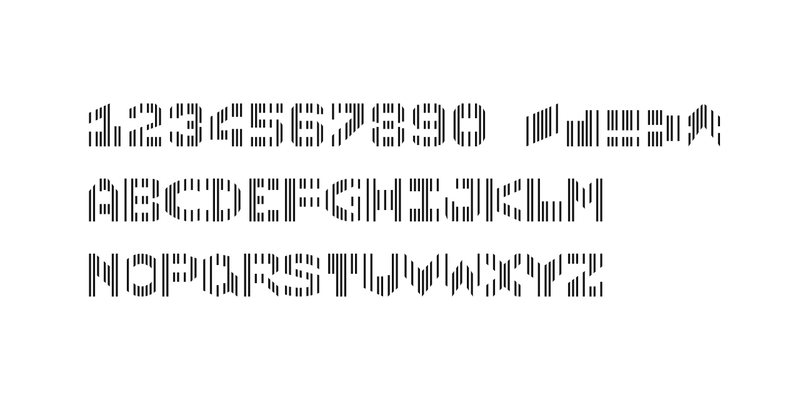 CMC-7 の書体見本。数字、5つの記号、英字 A〜Z。どの字も7本の縦線でできている