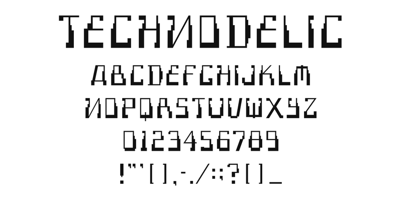TECHNODELIC の書体見本。書体名「TECHNODELIC」、A〜Z、0〜9 と記号