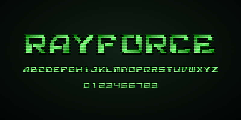 黒に近い緑の地に、緑の縞模様の MICR 書体で、大きく「RAYFORCE」、小さく A〜Z と 0〜9 と書いたもの