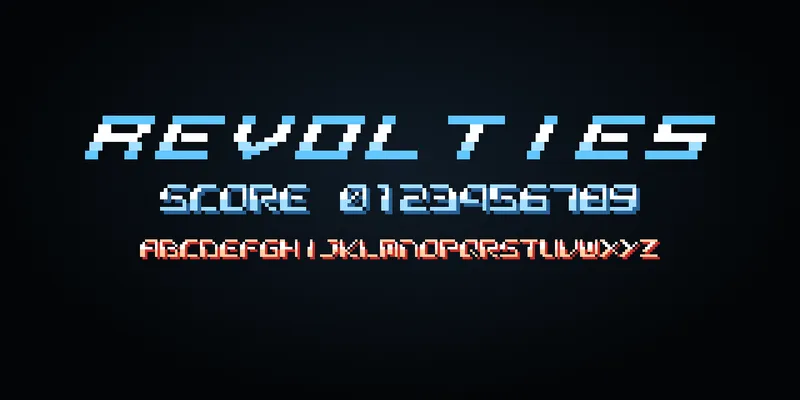 黒地に、Revolties で「REVOLTIES」（水色）、「SCORE 0123456789」（水色）、A〜Z（赤）と書いたもの