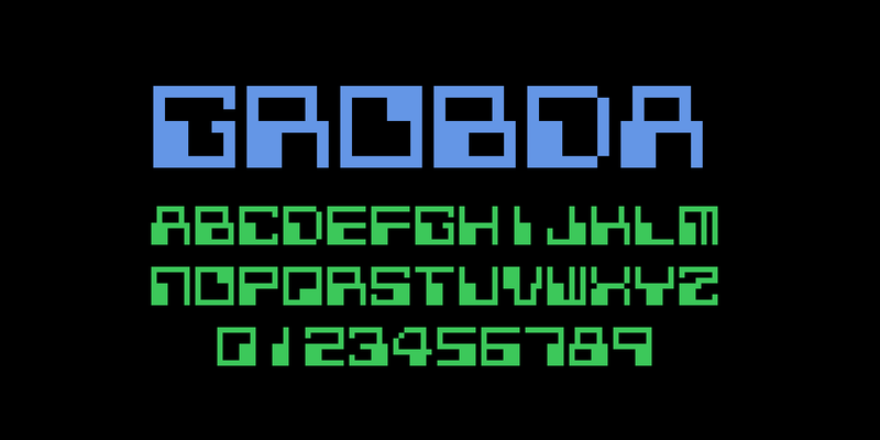 黒い地に、グロブダーのゲームのフォントで、水色で大きく「GROBDA」、緑で A〜Z と 0〜9