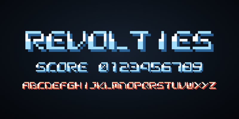 黒地に、Revolties（8x8）の水色で「REVOLTIES」「SCORE 0123456789」、赤で A〜Z と書いたもの