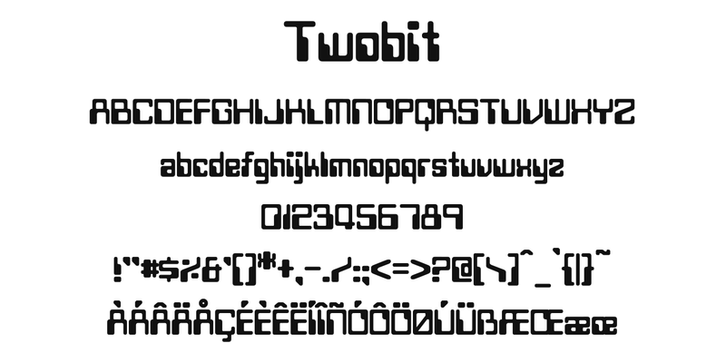 Twobit の書体見本。書体名「Twobit」、A〜Z、a〜z、0〜9、記号、アクセント付きの文字