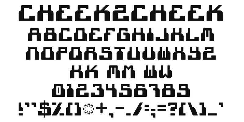 cheek2cheek（black!）の書体見本。書体名「cheek2cheek」、A〜Z、K・M・W の別の字形、0〜9、記号