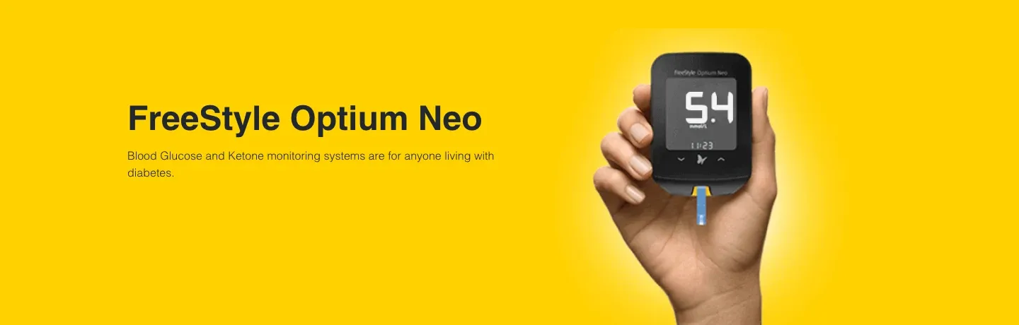 アボット社の FreeStyle Optium Neo の製品ページ。手に持った測定器の液晶に「5.4」と表示されている