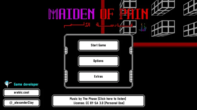 『Maiden of Pain』のタイトル画面。黒地に紫と赤のドットの字で「MAIDEN OF PAIN」とアラビア語の題名、その下に Start Game・Options・Extras のボタン