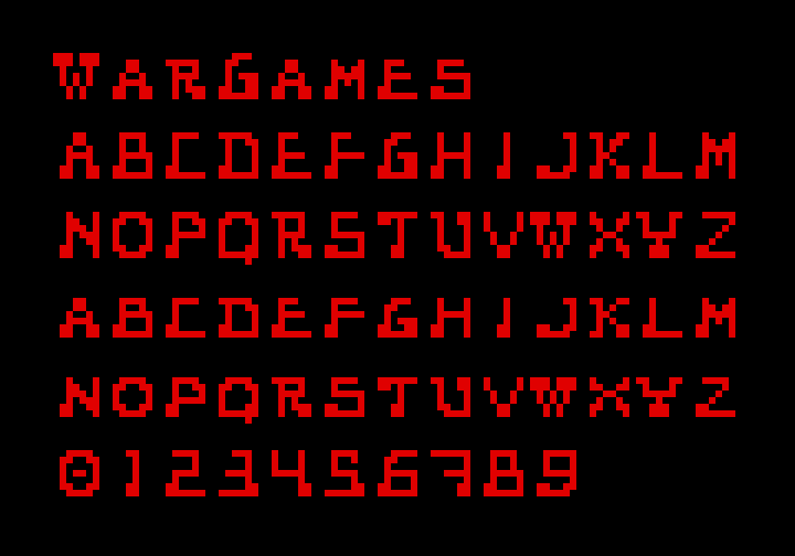 黒地に赤い 8×8 のドットの文字で「WarGames」、A〜Z、a〜z、0〜9