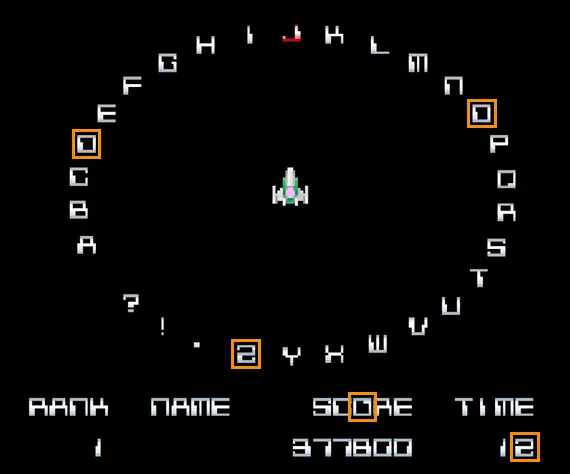 ラストミッションのネームエントリーの画面。輪に並んだ字の D と、O の位置の字が同じ形。SCORE の O は別の形。輪の Z と、TIME の秒数 12 の 2 が同じ形