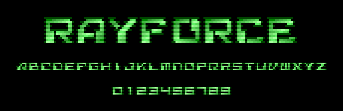 緑の縞模様の MICR 書体で「RAYFORCE」、A〜Z、0〜9 と書いたもの。縞の位置が細かく入れ替わり、ちらついて見える