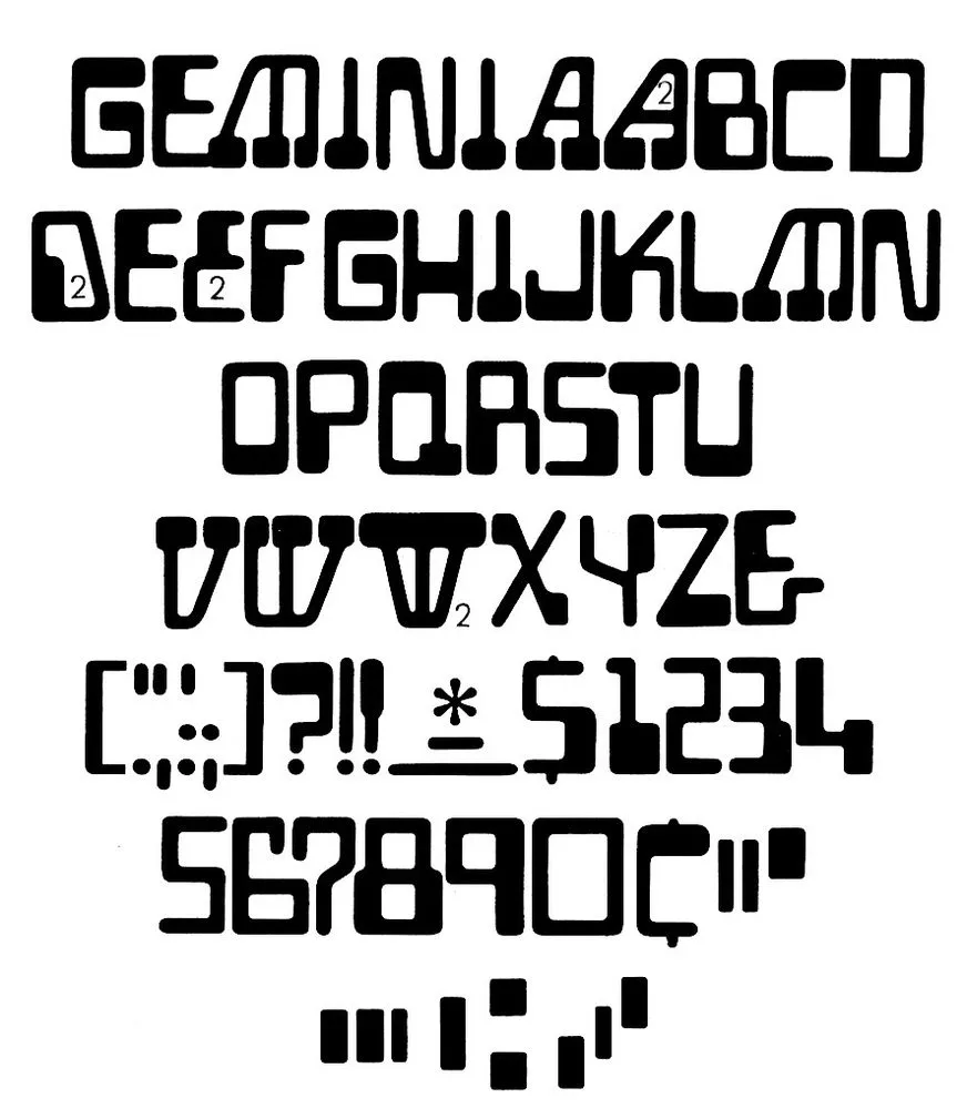 Gemini の見本。「GEMINI」の書体名に続いて A〜Z（A・D・E・W に別の字形）、括弧・句読点などの記号、$ と 1〜9・0、¢、E-13B の4つの記号