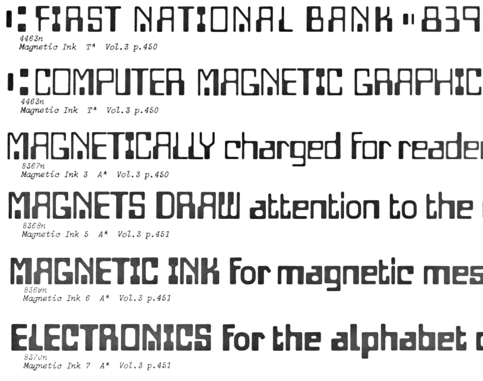 Photo-Lettering の見本帳の Magnetic Ink の行。FIRST NATIONAL BANK、COMPUTER MAGNETIC GRAPHICS(Magnetic Ink)、MAGNETICALLY charged for readers(3)、MAGNETS DRAW attention to the(5)、MAGNETIC INK for magnetic mes(6)、ELECTRONICS for the alphabet(7)