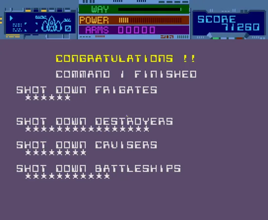 サンダーセプターのステージの結果の画面。黄色で「CONGRATULATIONS !!」、白で「COMMAND 1 FINISHED」「SHOT DOWN FRIGATES」「SHOT DOWN DESTROYERS」「SHOT DOWN CRUISERS」「SHOT DOWN BATTLESHIPS」と、撃った数の星。上の帯に「WAY」「POWER」「ARMS」「SCORE」