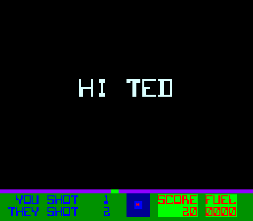 黒い画面の中央に、白い大きな字で「HI TED」。下の帯に「YOU SHOT」「THEY SHOT」「SCORE」「FUEL」