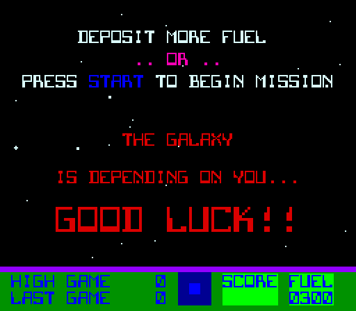 スターファイアーの出撃の前の画面。MICR 書体で「DEPOSIT MORE FUEL」「PRESS START TO BEGIN MISSION」「THE GALAXY」「IS DEPENDING ON YOU…」「GOOD LUCK!!」。下の帯に「FUEL」