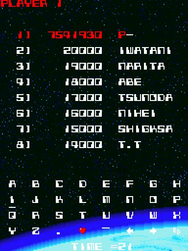 オメガファイターのネームエントリーの画面。上に「PLAYER 1」、1〜8位の順位と点数と名前(IWATANI、NARITA、ABE、TSUNODA、NIHEI、SHIGKSA、T.T)、下に A〜Z などの文字の一覧と「TIME =21」