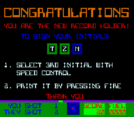 スターファイアーのネームエントリーの画面。オレンジの大きな字で「CONGRATULATIONS」、赤で「YOU ARE THE NEW RECORD HOLDER!」、青で「TO SIGN YOUR INITIALS」、3つの枠に「T」「Z」「M」、白で「1. SELECT 3RD INITIAL WITH SPEED CONTROL」「2. PRINT IT BY PRESSING FIRE」、赤で「THANK YOU」