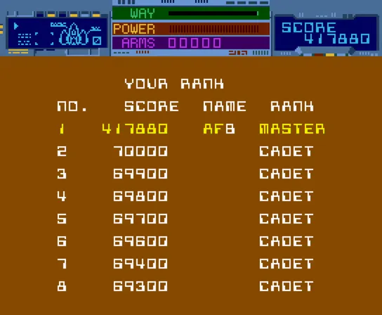 サンダーセプターのランキングの画面。茶色の地に「YOUR RANK」、「NO.」「SCORE」「NAME」「RANK」の欄に1〜8位。1位の行は黄色で「417880 AFB MASTER」、ほかは白で「CADET」