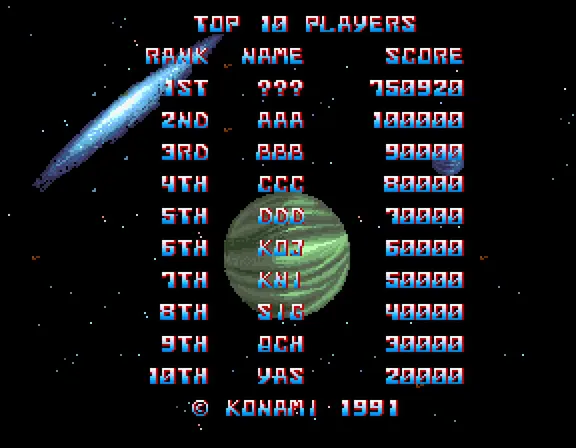 サンダークロスII のランキングの画面。「TOP 10 PLAYERS」、「RANK」「NAME」「SCORE」の欄に1〜10位、下に「© KONAMI 1991」。字は白から青へのグラデーションで、赤い影がある