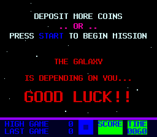 スターファイアー II の出撃の前の画面。MICR 書体ではない角の丸い太いドットの字で「DEPOSIT MORE COINS」「PRESS START TO BEGIN MISSION」「THE GALAXY」「IS DEPENDING ON YOU…」「GOOD LUCK!!」。下の帯に「TIME」