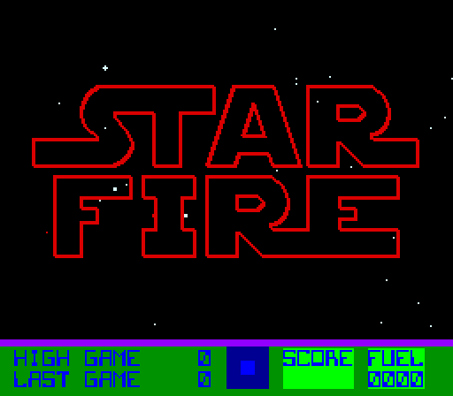 スターファイアーのタイトルの画面。黒い地に、赤い線で縁取った大きな字で「STAR」「FIRE」。下の帯に「HIGH GAME」「LAST GAME」「SCORE」「FUEL」