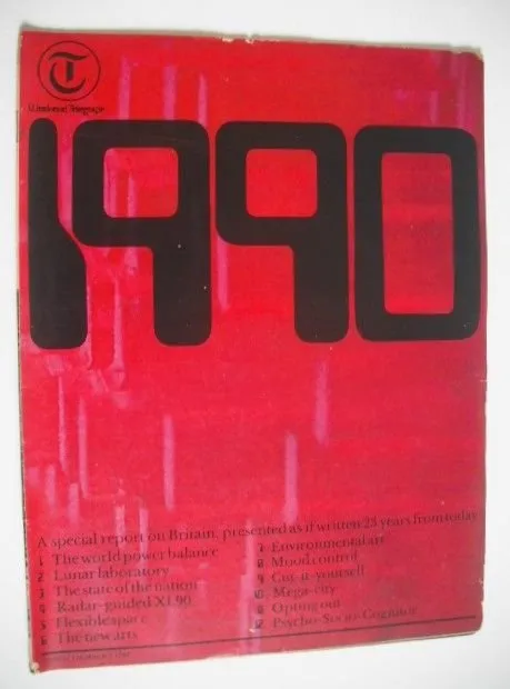 Weekend Telegraph の表紙。赤い地に大きく「1990」、下に「A special report on Britain, presented as if written 23 years from today」と記事の一覧